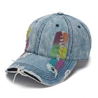 Casquette de baseball en jean délavé vintage en stock, effet vieilli, bords déchirés, graffiti, unisexe, personnalisable