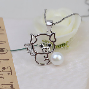 Colgante de Plata S925 con Diseño de Cerdo del Zodiaco Chino, Accesorio para Joyería DIY, 6-8 Perlas, Colgantes Finos con Forma de Cabello, Base Vacía, Número de Artículo 1943 - Product Image 1