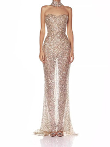 slim fit dress slacks Rose Gold La Femme Long Sequin Prom Dress