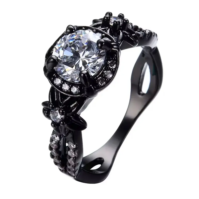 Fashion Personality Black Gold Inlaid Opal Zircon Ring Retro Punk Black Skeleton Ring Halloween Jewelry Colorful Opal Ring