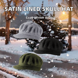 Bonnet en tricot côtelé épais pour femme, doublé satin, avec broderie 3D crâne dessinée à la main et pompon en fausse fourrure, idéal pour l'hiver - Product Image 2