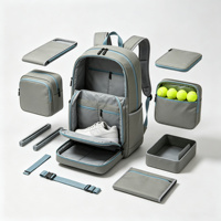 Sac à dos de tennis gris avec garniture bleue, sac de raquette, sac à balles doublé, poche zippée, poche latérale, sac à usage spécial personnalisable