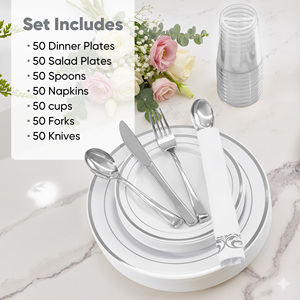 ชุดภาชนะใส่อาหารแบบใช้แล้วทิ้ง PET ทนทาน 700 ชิ้น เป็นมิตรกับสิ่งแวดล้อม ชุดจาน ชาม ถ้วย ช้อนส้อม ผ้าเช็ดปาก สำหรับงานแต่งงาน งานเลี้ยงวันเกิด - Product Image 2