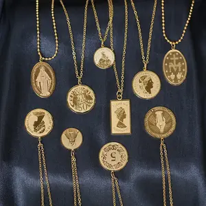 Collar de cadena de clavícula romana de doble cara con moneda de oro de 18K, chapado en acero inoxidable de LCN-010, Elizabeth, Jesús, Madonna