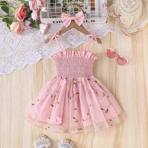 ชุดเดรสเด็กผู้หญิงน่ารักสไตล์ลำลอง ดีไซน์สายรัดเอว ผ้าตาข่ายลายดอกไม้ ระบายอากาศได้ดี ความยาวระดับเข่า - Product Image 1