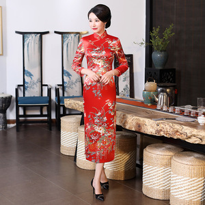 Nuevo Vestido <span class=keywords><strong>Cheongsam</strong></span>/Qipao <span class=keywords><strong>de</strong></span> Seda para Otoño/Invierno, Largo y Ajustado, para Mujeres <span class=keywords><strong>de</strong></span> Mediana Edad y Mayores, Ideal para Banquetes - Product Image 3