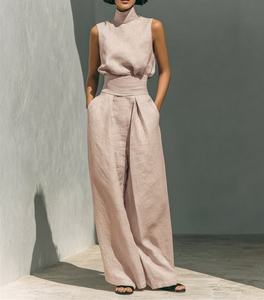 Ensemble deux pièces <span class=keywords><strong>pour</strong></span> <span class=keywords><strong>femme</strong></span>, haut sans manches à col montant, pantalon large taille haute, effet lin, élégant et décontracté - Product Image 1