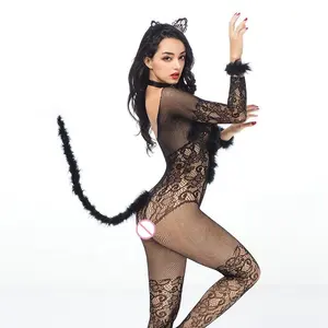 Top Venda Sexy Bodysuit Lingerie Cosplay Catwoman Preto Transparente Para As Mulheres