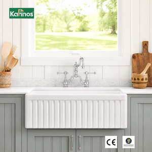 Fregadero de cocina de arcilla refractaria blanca estilo rústico, de un solo tazón, para empotrar bajo encimera, con grifo de puente, cerámica estriada - Product Image 1
