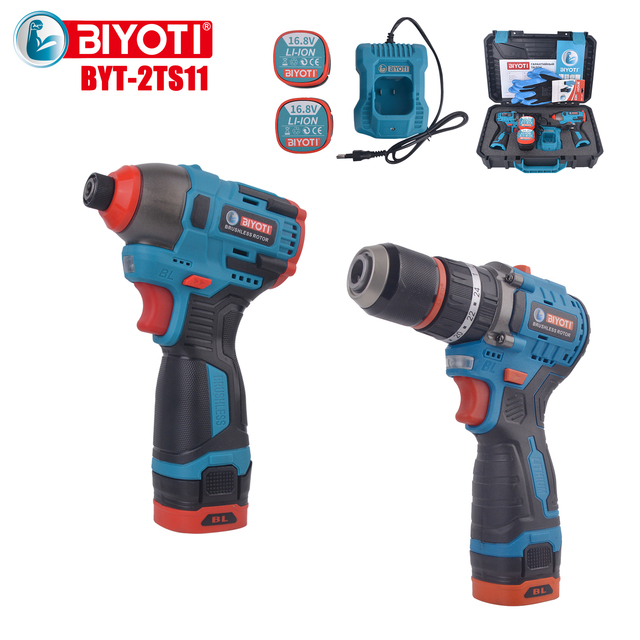BYT-2TS11 2-in-1 Cordless Power Set Hand Screwdrivers Drill 16.8V Variable Speed Impact Driver Brushless Motor Construction OEM