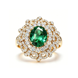 Women's S925/10K/14K/18K Solid <b>Gold</b> Emerald <b>Cocktail</b> <b>Ring</b> Pave Set Round Diamonds Luxury Flower Design Oval Cut Stone - Product Image 1