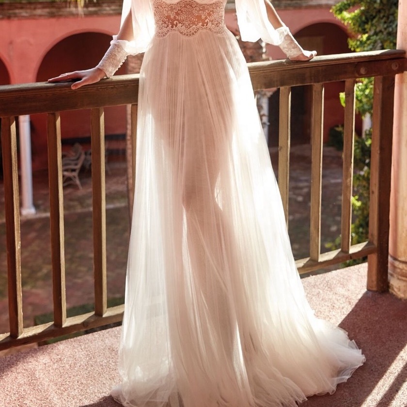 guest wedding dresses for the beach Boho Lace Long Sleeves Wedding Gown Two Pieces – loveangeldress main image 1