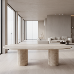 Tavolo da Pranzo in Travertino Naturale Personalizzato con Pietre Decorative, Tavolo da Pranzo in Marmo Travertino Ovale Scanalato - Product Image 6
