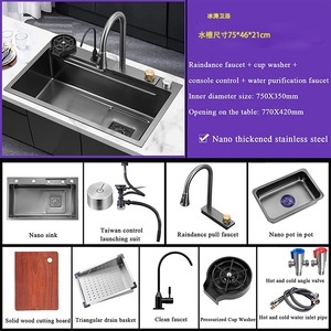 Évier de cuisine en acier inoxydable 304, cuve unique, moulage monobloc, robinet goutte d'eau intégré, grande taille, usage domestique - Product Image 4