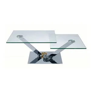 Tavolino meccanico con struttura in acciaio inox con piano in vetro