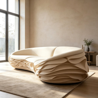 Canapé Sculptural Ondulé Empilé avec Cadre en Fibre de Verre, Forme Courbe Irrégulière, en Flanelle Crème – Mobilier de Designer pour Salon de Villa
