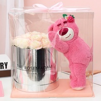 TC Wholesale Rose artificielle en soie parfumée, Cadeaux de la Saint-Valentin, Bouquets de roses en peluche roses avec ours en peluche dans une boîte argentée
