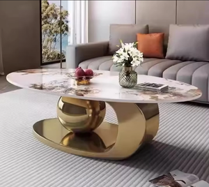 Mesa de Centro de Piedra Sinterizada de Lujo para Sala de Estar, Ovalada, para Apartamentos Pequeños, Mesa de Centro de Mármol Dorado - Product Image 3