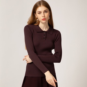 Vintage Color Thin Cotton Women Knit Boutique Knitted Tops Ribbed Turn Down Collar Sweaterspullover Spring Custom Wholesale - Product Image 1