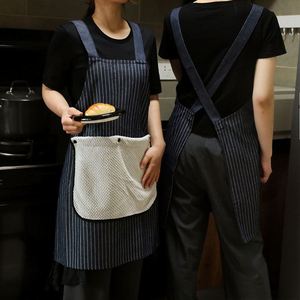 Custom Retro Workwear Cross Back Cotton Polyester Stripe <b>Kitchen</b> <b>Apron</b> with Large Pocket Breathable & Anti-Fouling - Product Image 3