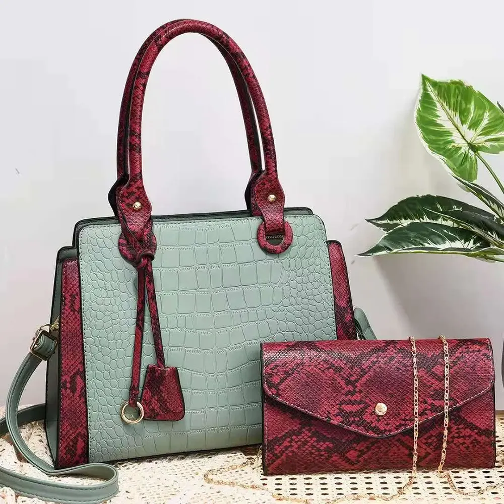 Lady Designer Bags 2 Pieces Set Pu Leather Snake Pattern Tote Messenger Clutch Bag Combine Colors Zipper Sling Purse