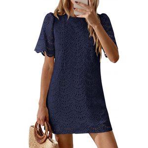 Women's Summer Casual Short Sleeve Lace Mini Dress Boho O-Neck Loose Fit Breathable Woven Beach Vacation Dress - Product Image 2