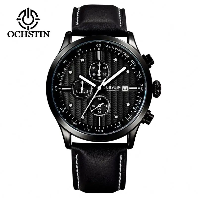 OCHSTIN 042 luxury black boys quartz watch nice PU leather strap 3 dials auto date Chronograph Concise golf wrist watch