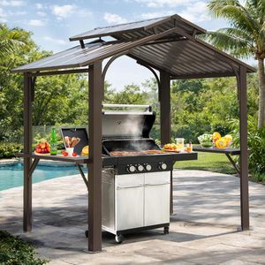 Gazebo de jardin avec toit rigide 8x5 pieds, gazebo de barbecue extérieur avec <span class=keywords><strong>2</strong></span> étagères latérales et crochet de plafond, auvent de barbecue en métal - Product Image 1