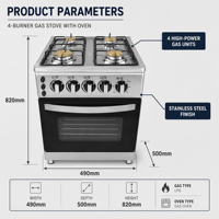 Four à gaz 4 brûleurs 80L D 60*60 avec grille et plateau, cuisinière verticale noire avec four encastré