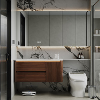 Meuble-lavabo de salle de bain de style hôtelier français, luxe léger, armoire en bois massif avec plan de travail en pierre frittée, miroir intelligent / armoire