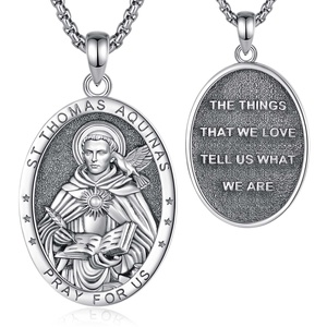 Collier pendentif ovale <span class=keywords><strong>en</strong></span> argent massif oxydé Saint <span class=keywords><strong>Thomas</strong></span> d'Aquin, médaille religieuse, bijoux de foi, articles chrétiens - Product Image 1