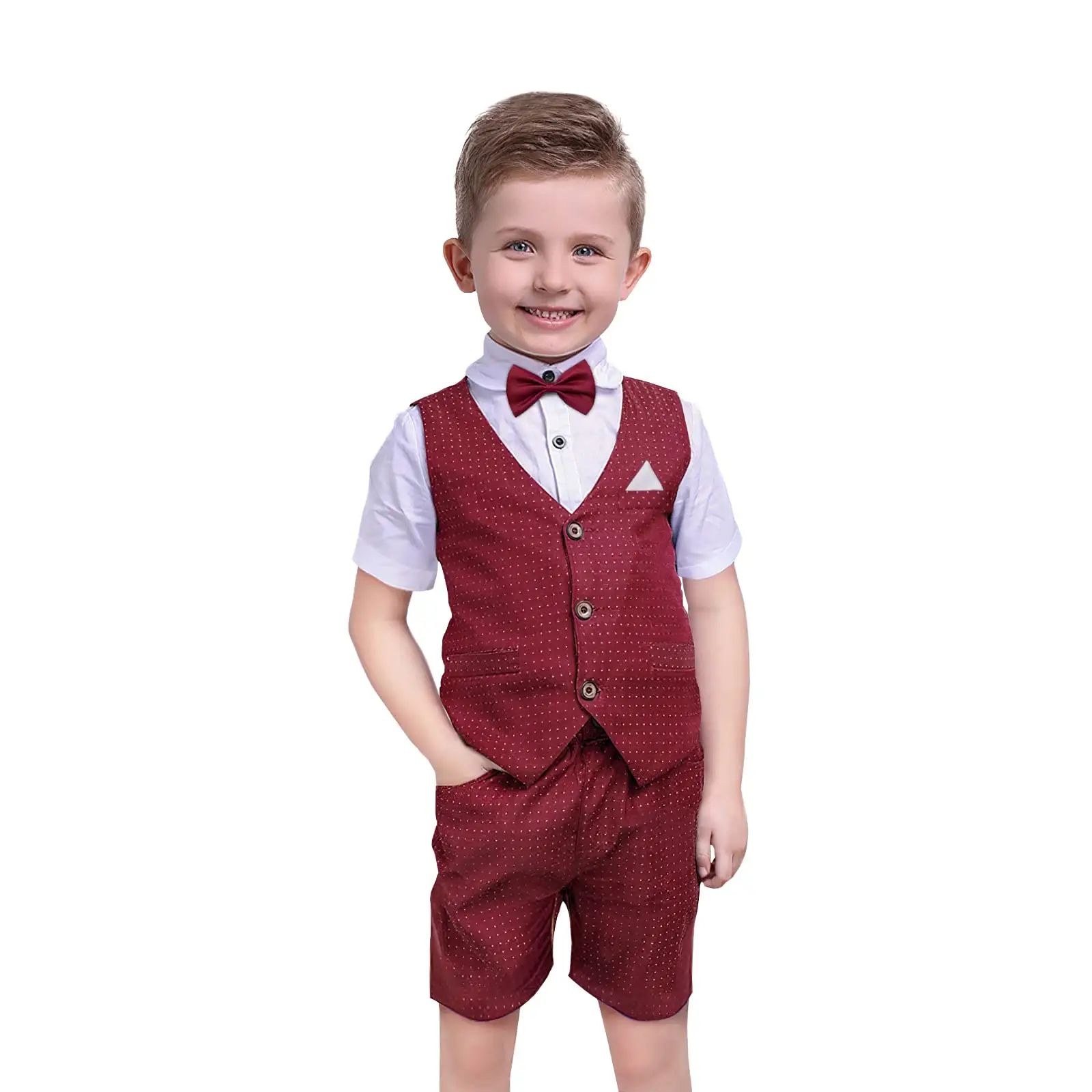 Suits for Boys Kids Summer Tuxedo Outfit Short Sleeve White Shirt Bowtie Shorts Vest Formal Dress 3-7 Years