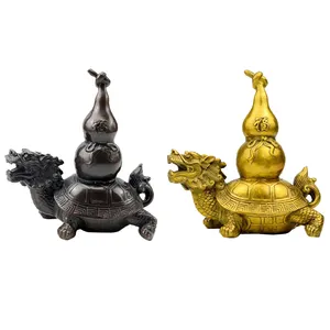 Oriental Chino Real de bronce del Dragón tortuga con Wu Lou | Hu Lu calabaza Feng Shui suerte rico saludable protección