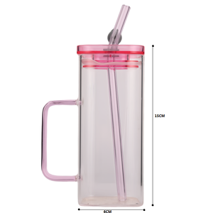 Phong cách đầy màu sắc duy nhất hai lớp cốc thủy tinh với tay cầm và ống hút cho đồ uống như nước trái cây cà phê và sữa - Product Image 2