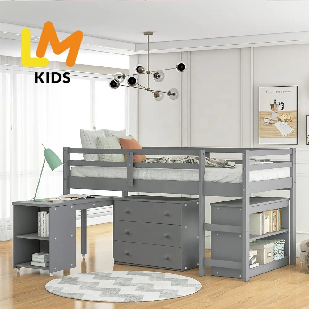 LM KIDS bedroom sets latest wooden bed designs Portable Desk Loft Bed Wood Loft Bed Frame with Storage Cabinet