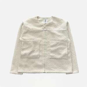 Customizable Logo Men's Crewneck Fleece <strong>Jacket</strong> Soft <strong>Boucle</strong> Texture Zip-Up Outerwear in Black &amp; <strong>White</strong> - Product Image 3