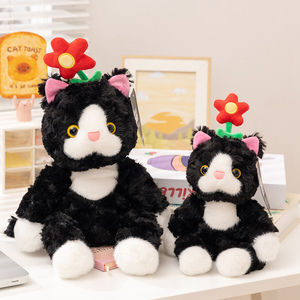 Recién llegado, simulación de gato negro de peluche con pequeña flor, Animal de peluche, decoración del hogar, regalo de cumpleaños para niños, juguete de gato suave - Product Image 2