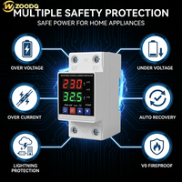 Protecteur de surtension/sous-tension monophasé à double affichage LED, réglable, à récupération automatique, montable sur rail DIN, 63A 220V pour circuit domestique