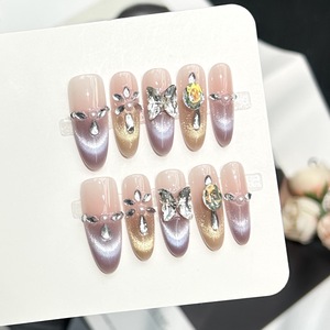 <span class=keywords><strong>Uñas</strong></span> postizas acrílicas hechas a mano al por mayor, cortas, almendradas, estilo francés, ojo <span class=keywords><strong>de</strong></span> gato, 3D, con flores tropicales, empaque personalizado - Product Image 5