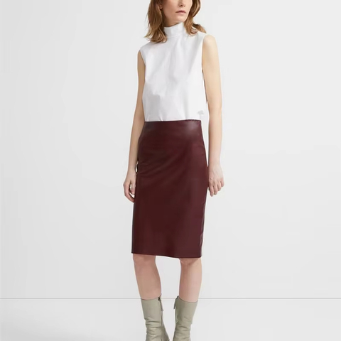 2029-8 Wholesale Back Split Solid Color Elastic Slim Genuine Leather Skirt for Women Office Lady