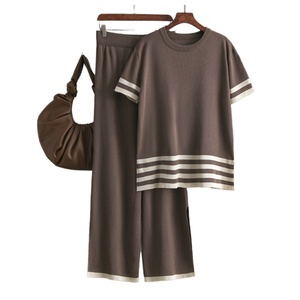 Women's Casual Summer High Waist Slim Pants Set Short Sleeve Knitwear Top with Contrast Stripe-Comfortable & Stylish - Product Image 1