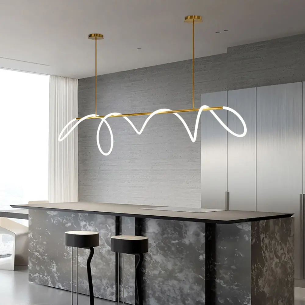 โมเดิร์นออกแบบที่เรียบง่ายโคมไฟจี้ทองโคมระย้า LED สําหรับร้านอาหารบาร์คาเฟ่ร้านหนังสือสร้างสรรค์ท่อ Art Line