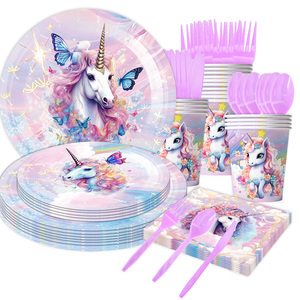 나비 유니콘 맞춤형 베이비 샤워 어린이 생일 파티 장식 파티 일회용 식기 종이 접시와 컵 세트 - Product Image 1