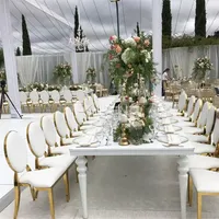 Chaise de banquet d'hôtel, événementielle ou de mariage en acier inoxydable, dossier rond en cuir PU et velours, design empilable, couleur or, vente chaude