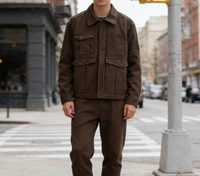 Veste de travail pour homme en toile marron vintage délavée, imperméable et respirante, avec col rabattu brodé et revers en velours côtelé, longue, pour le printemps