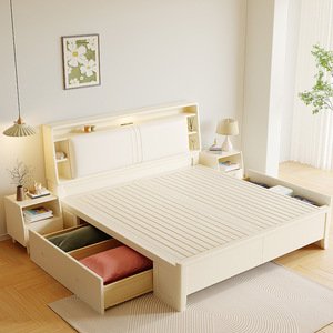 Dazhang Jiaju Cream <b>White</b> Solid Wood <b>Bed</b> 1.5m <b>Storage</b> Lighted Headboard Modern Bedroom Furniture - Product Image 2