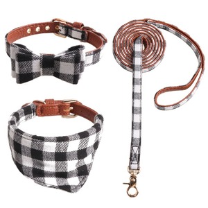 Custom Classic Plaid Dog <b>Collar</b> <b>Leash</b> Bandana Set Cute Bow Tie Cotton Leather Adjustable <b>Pet</b> <b>Collar</b> For Cat Dog - Product Image 2