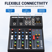 E4USB Mini-mixeur audio 4 canaux, table de mixage compacte professionnelle, lecteur MP3 Bluetooth USB, égaliseur 3 bandes pour diffusion en direct, studio à domicile