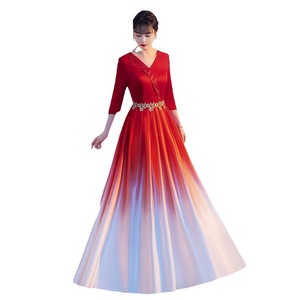 Women Gradient Long Dress Red To Navy Blue Satin Stage Performance Gown For Choir Conductor Host Outfit - Product Image 5