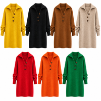 Robe pull midi côtelée oversize pour femme, col à revers, col en V, boutonnée, manches longues droites, collection automne, vente en gros ODM